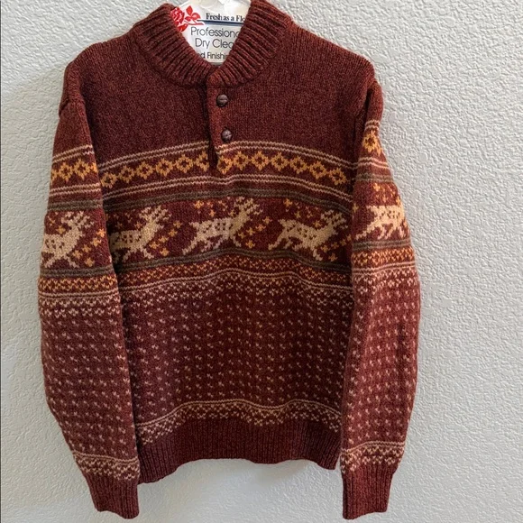 L.L.Bean Men Classic Ragg Wool Sweater, Henley, Fair Isle Size Medium - Picture 5 of 10